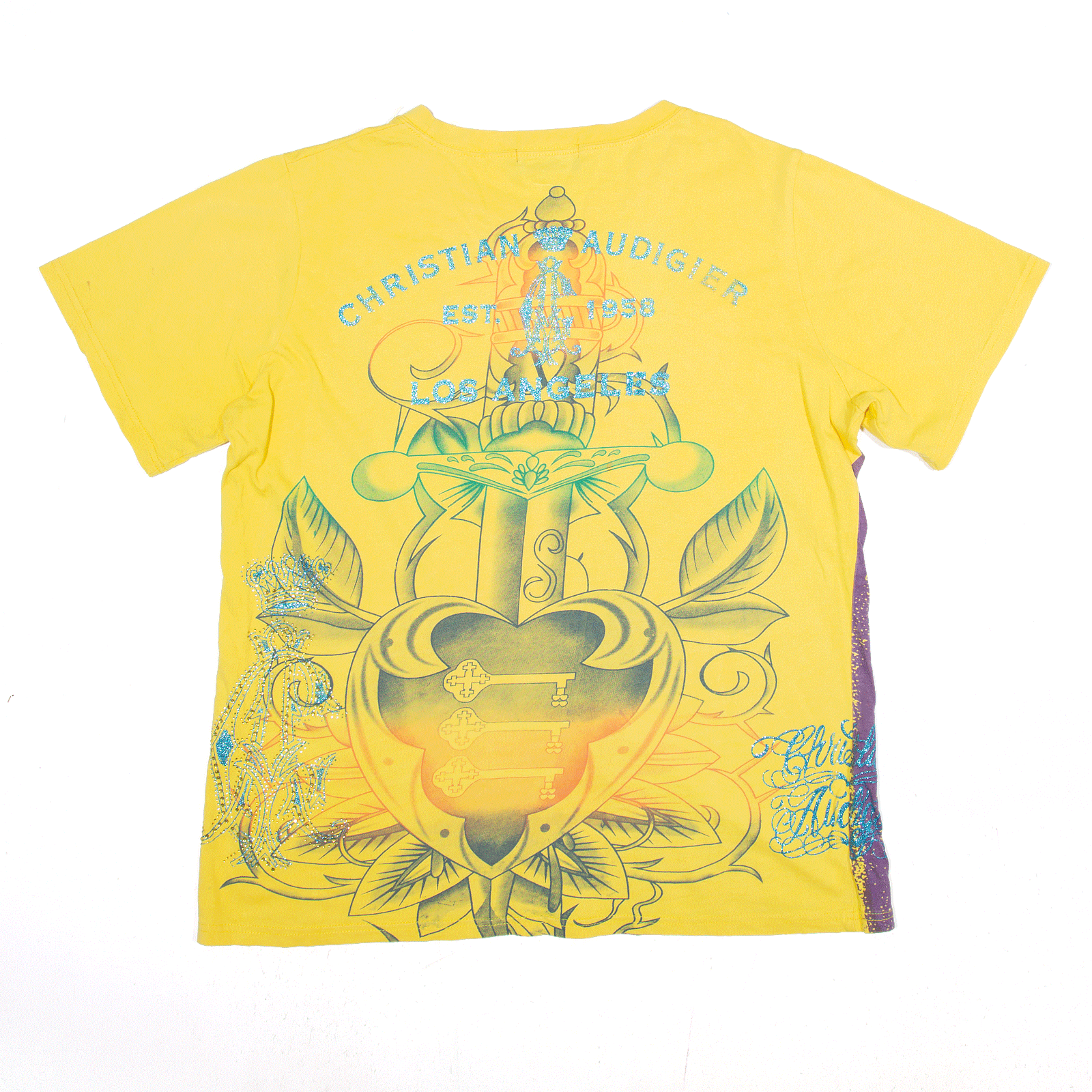 CHRISTIAN AUDIGIER Diamante Y2K Yellow Short Sleeve T Shirt Womens